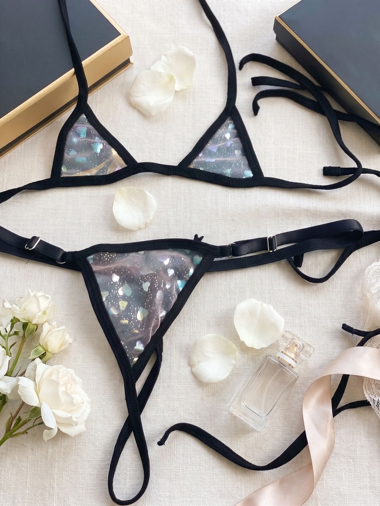 Midnight Aurora Holographic Heart Halter Bra & Thong Set